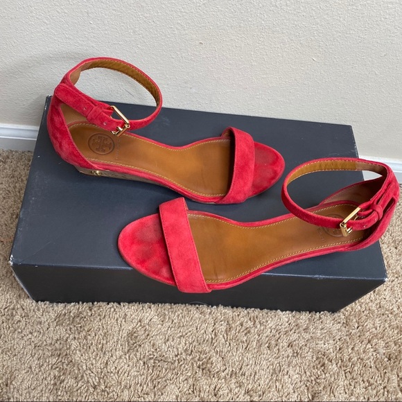 Tory Burch Savannah Wedge Red Suede Sandal Size 8 - Picture 10 of 10